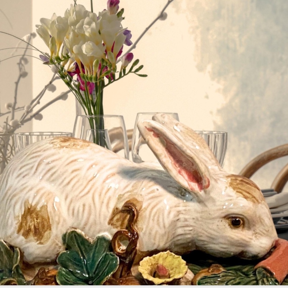 Antique handmade Majolica ceramic white rabbit centerpiece